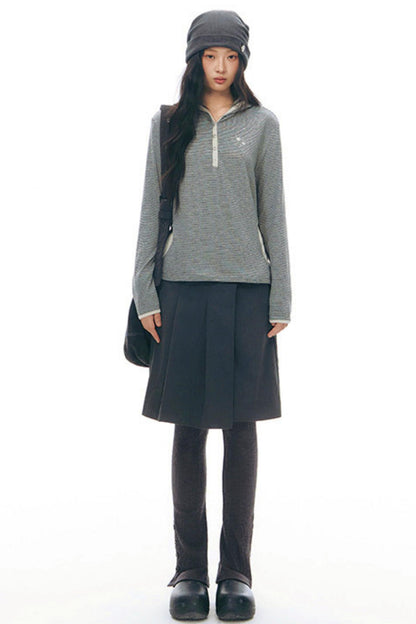 ストライプドフーデッドニットトップス