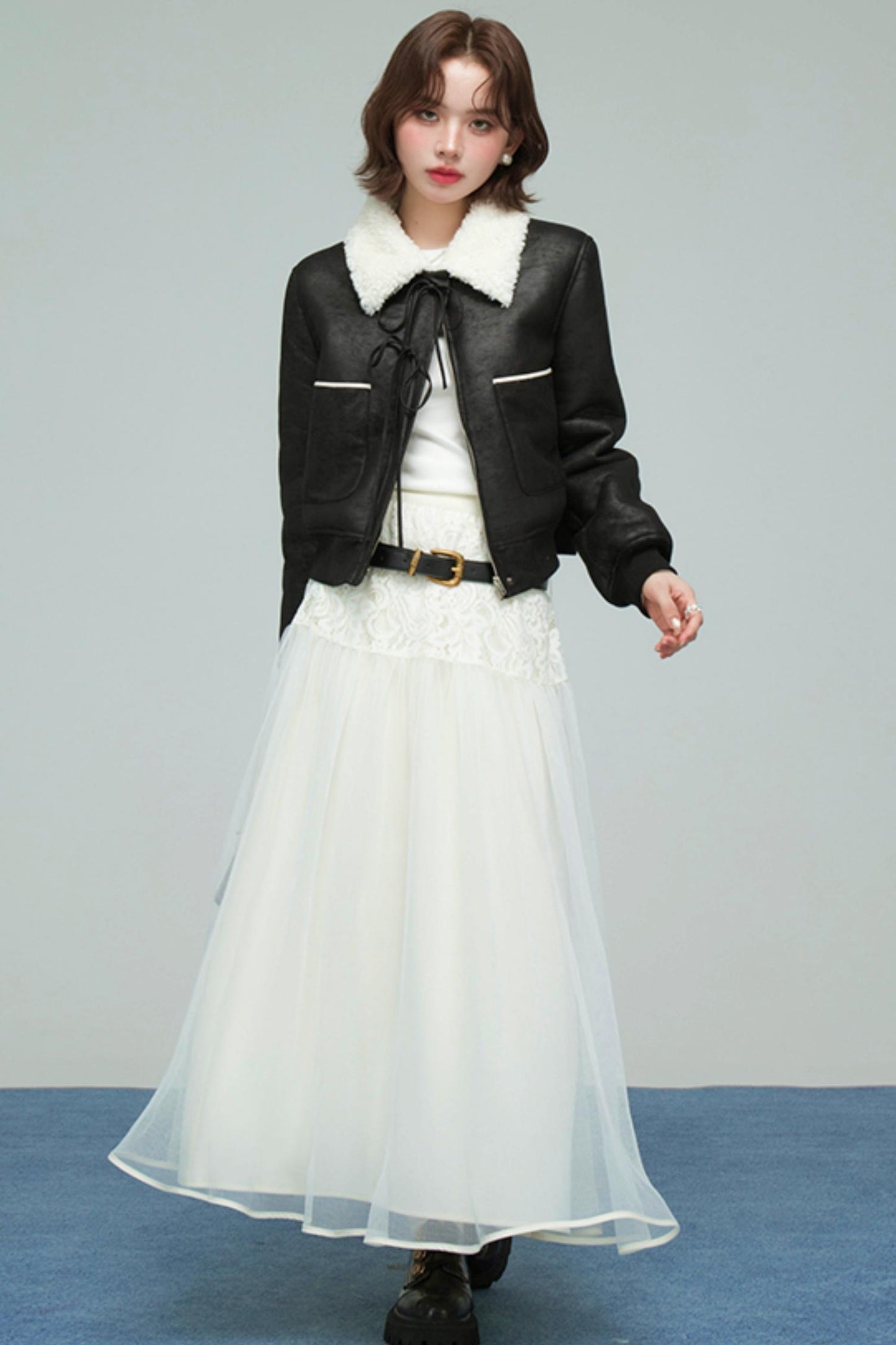 カラーブロックドシアリングコート