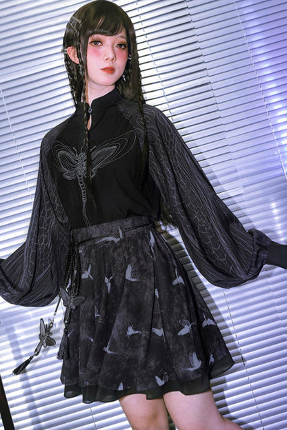 Embroidered Lantern Sleeve Top and Skirt + Top