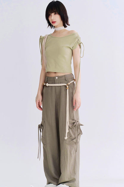 Shoulder Drawstring Cutout Tops