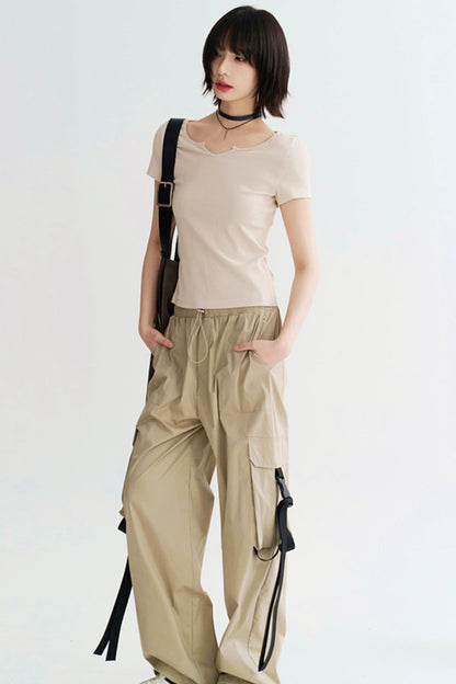 Ribbed Large Neckline Cropped Tee Shirt