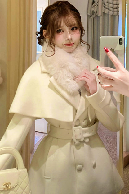 Celebrity Fur Collar Cape Coat