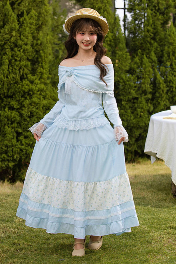 レースパッチワークオフショルダートップス+ロングスカート