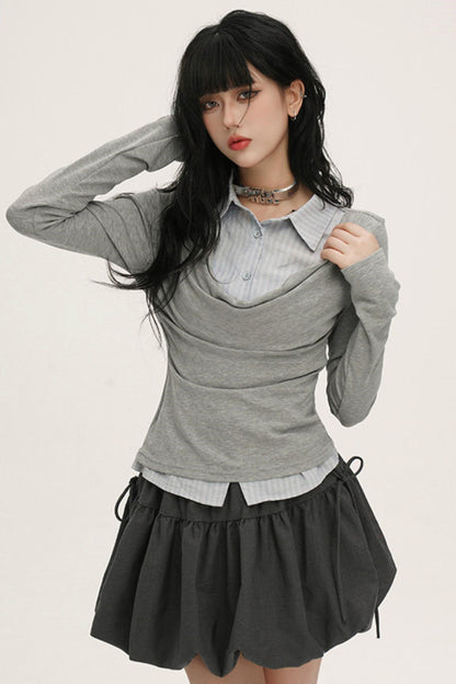 ドレープカウルネックレイヤードシャツ