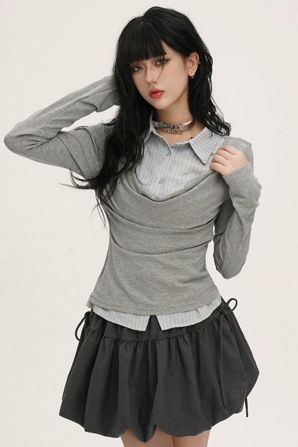 ドレープカウルネックレイヤードシャツ