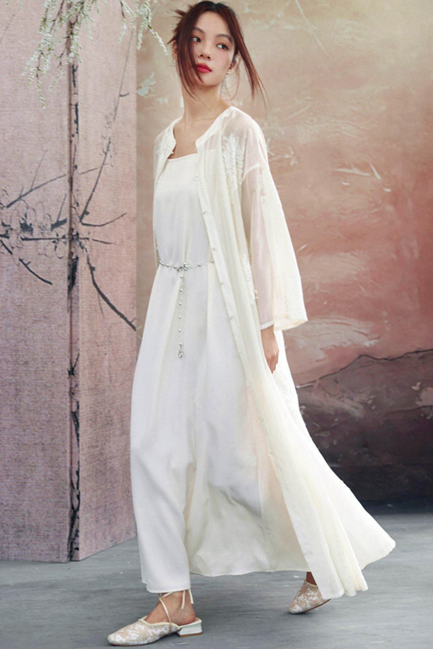 White Sheer Floral Embroidered Band-Collar Shirt Dress
