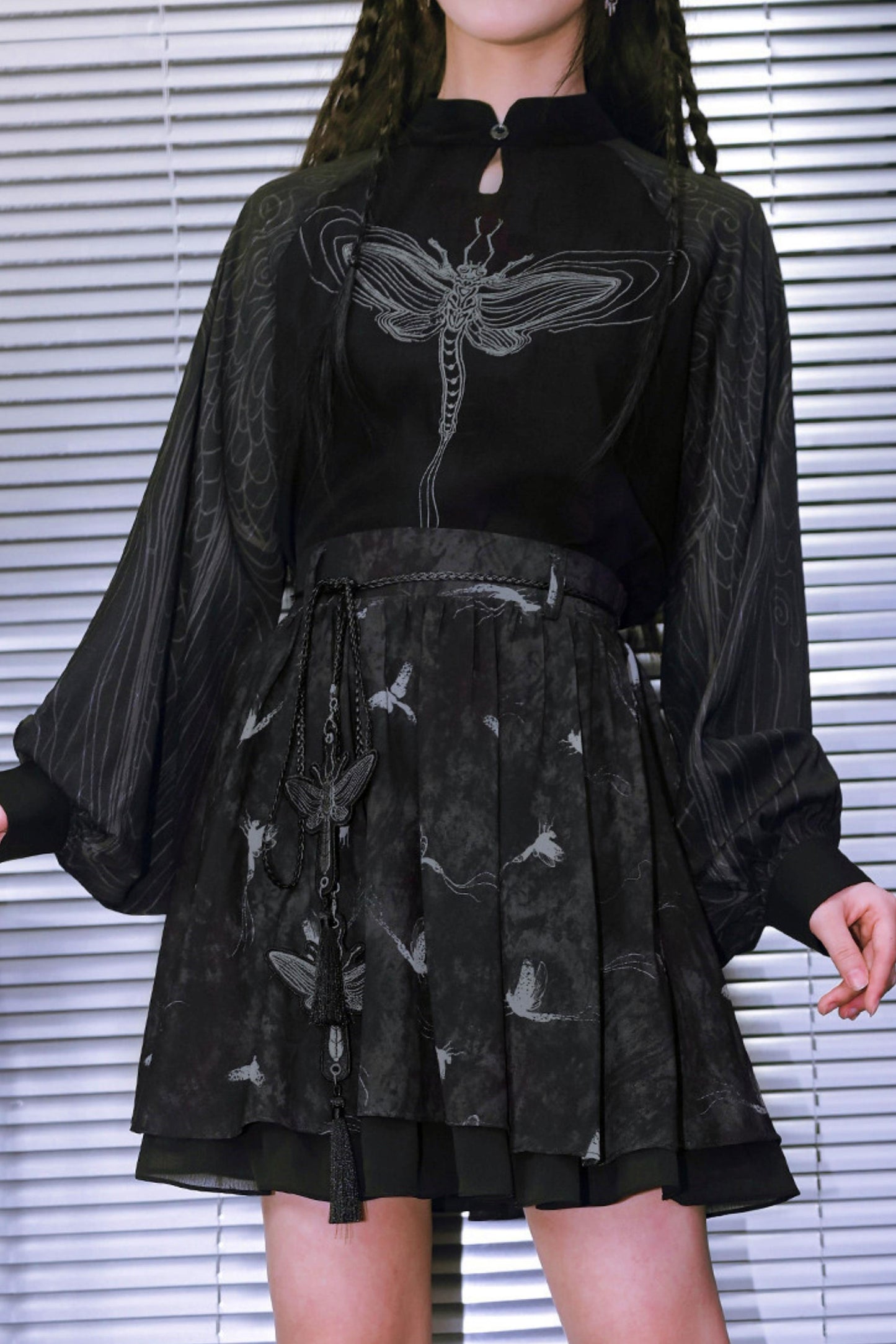 Embroidered Lantern Sleeve Top and Skirt + Top