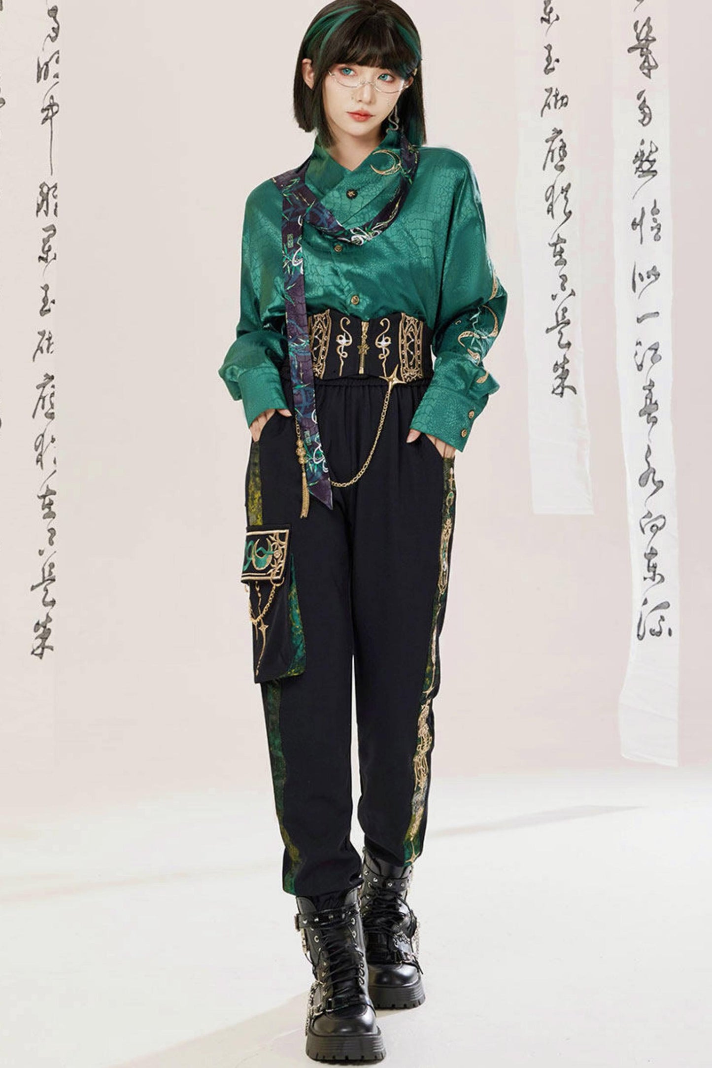 Jade Moon Dragon Embroidered Chinese Shirt + Moon Pocket Pants