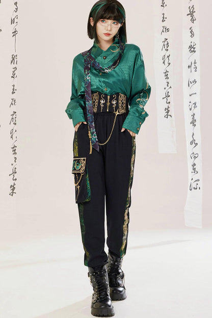 Jade Moon Dragon Embroidered Chinese Shirt + Moon Pocket Pants