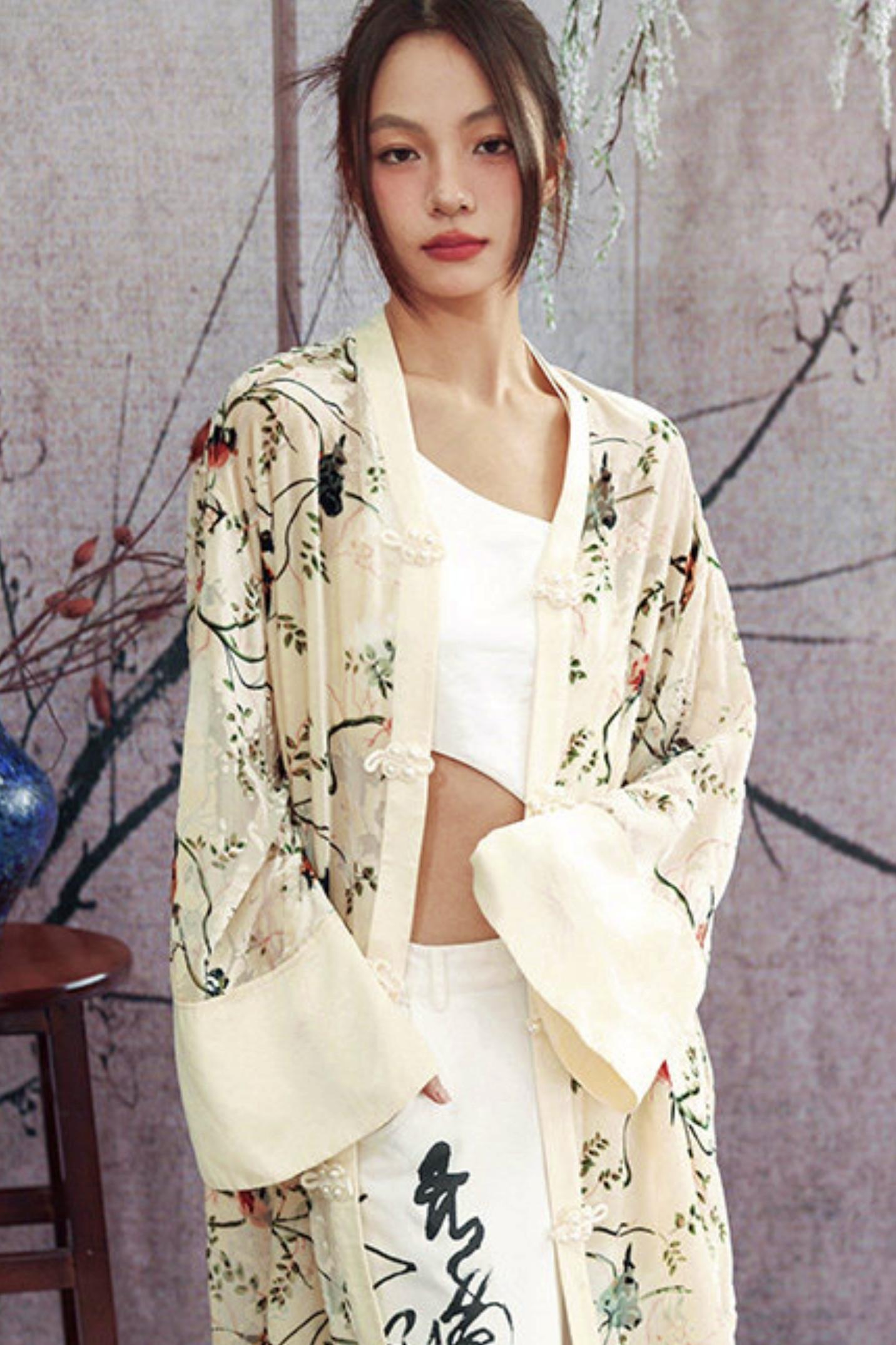 Floral Print Sheer Satin Chinese-Style Long Cardigan