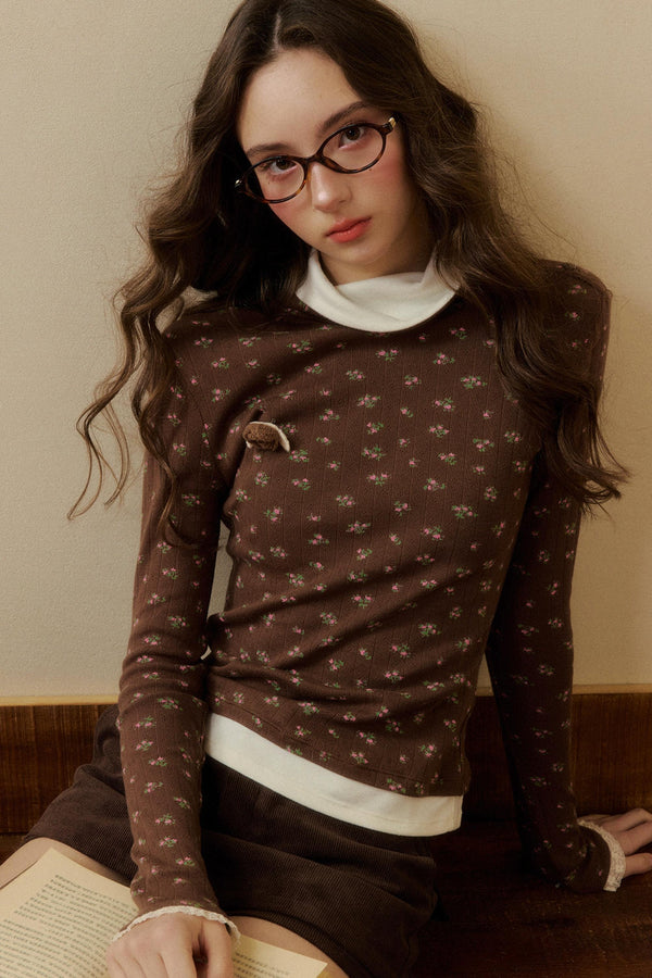 フローラルタイトタートルネックトップス