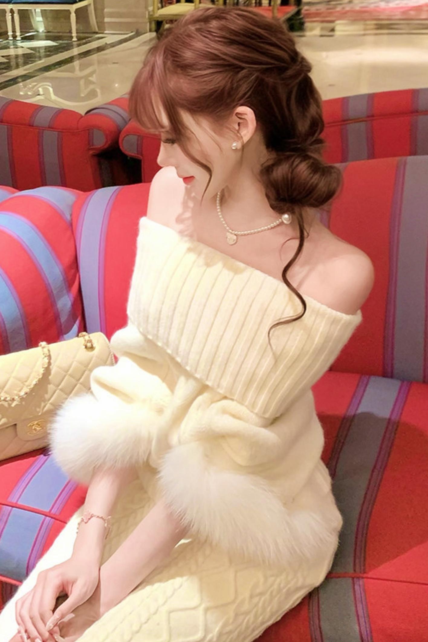 Fox Fur Trim Cape Sweater + Twisted Knit Bodycon Skirt