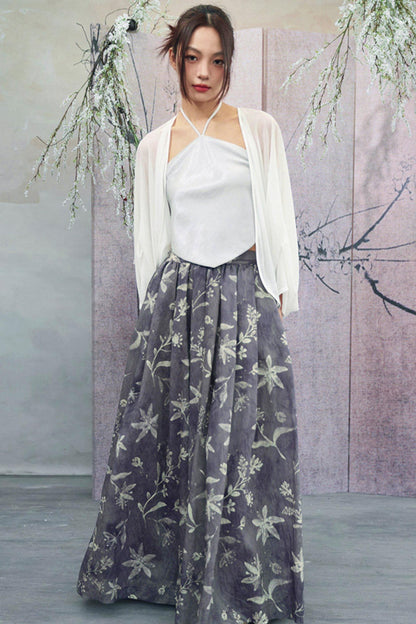 Top floral gris púrpura brumoso + falda