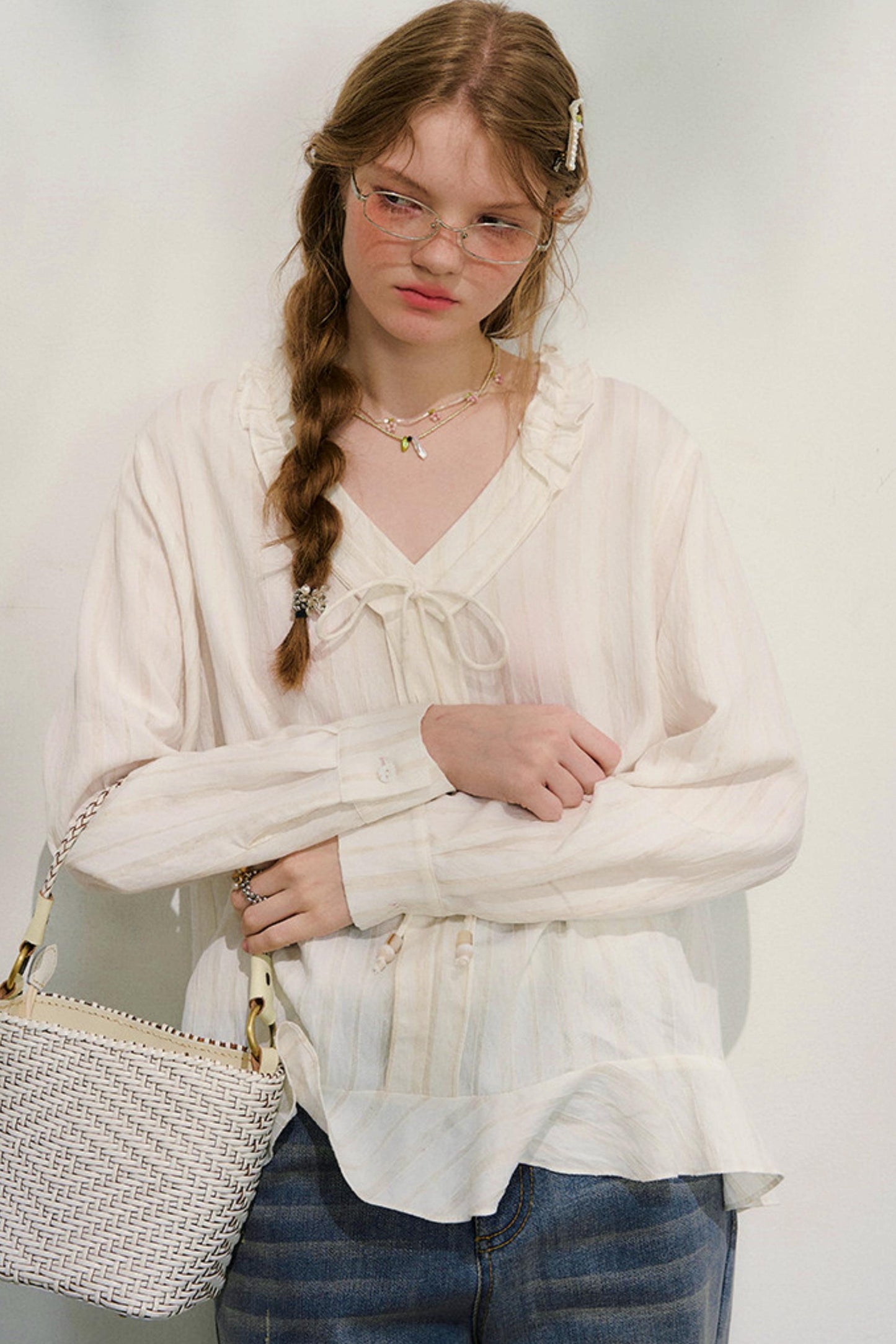 ストライプドレーススリーブブラウス