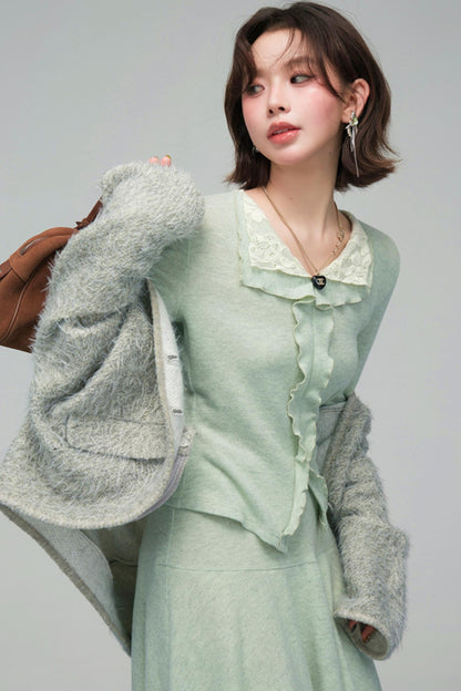 レースカラーニットトップス+アシメスカート