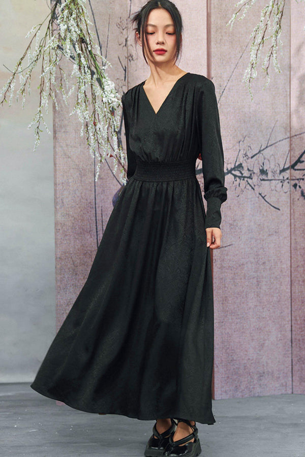 Black Dark Jacquard Wide Leather Belt V-Neck Dress – Belchic