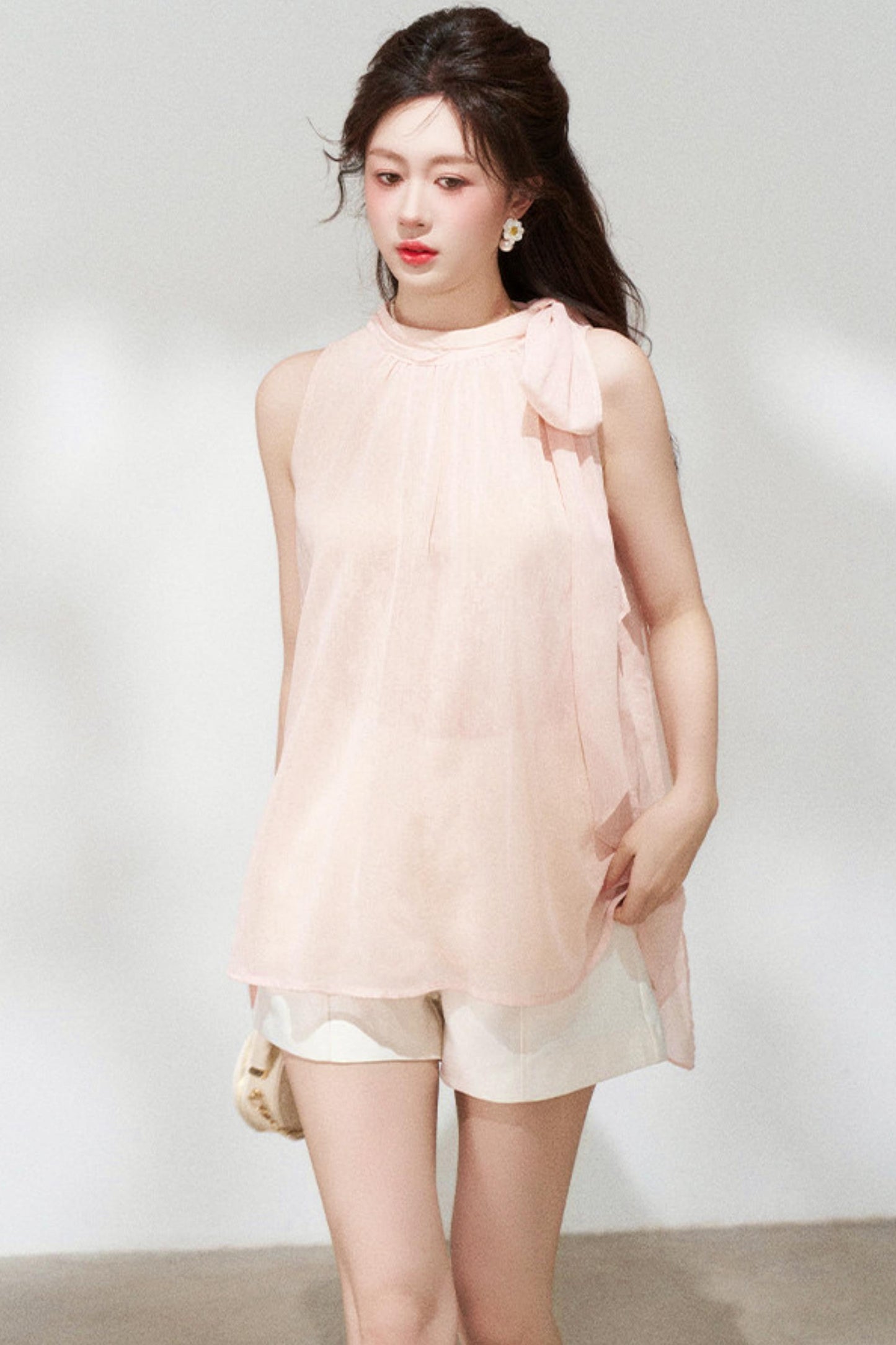 Pink Chiffon Halter Sleeveless Shirt