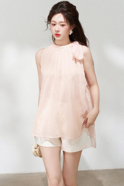 Pink Chiffon Halter Sleeveless Shirt