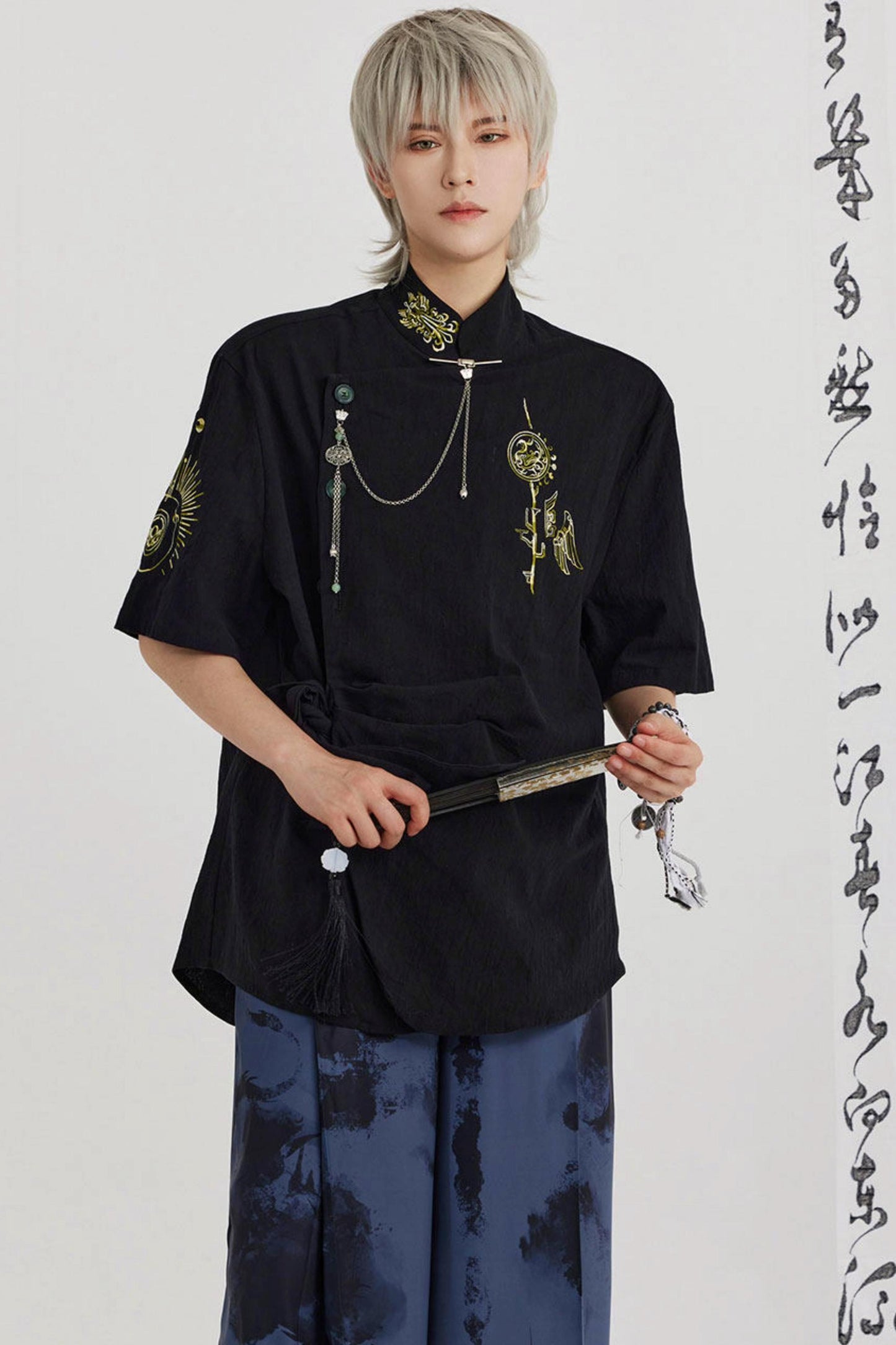 Black and Gold Oriental Ribbon Shirt + Chinese Wide-Leg Pants