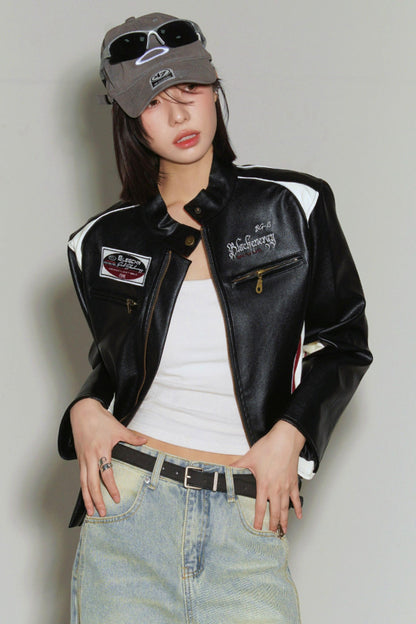 パッチワークカラーブロックレザージャケット