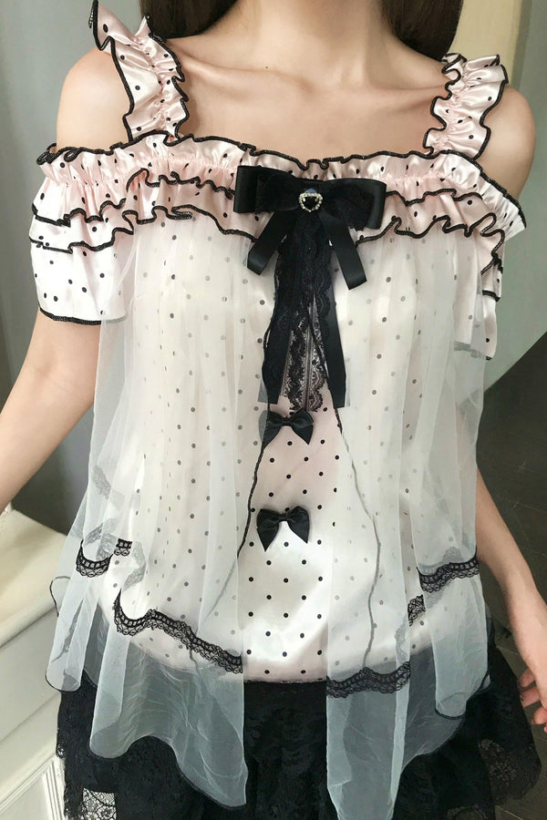 ポルカドットオフショルダートップス+スカート