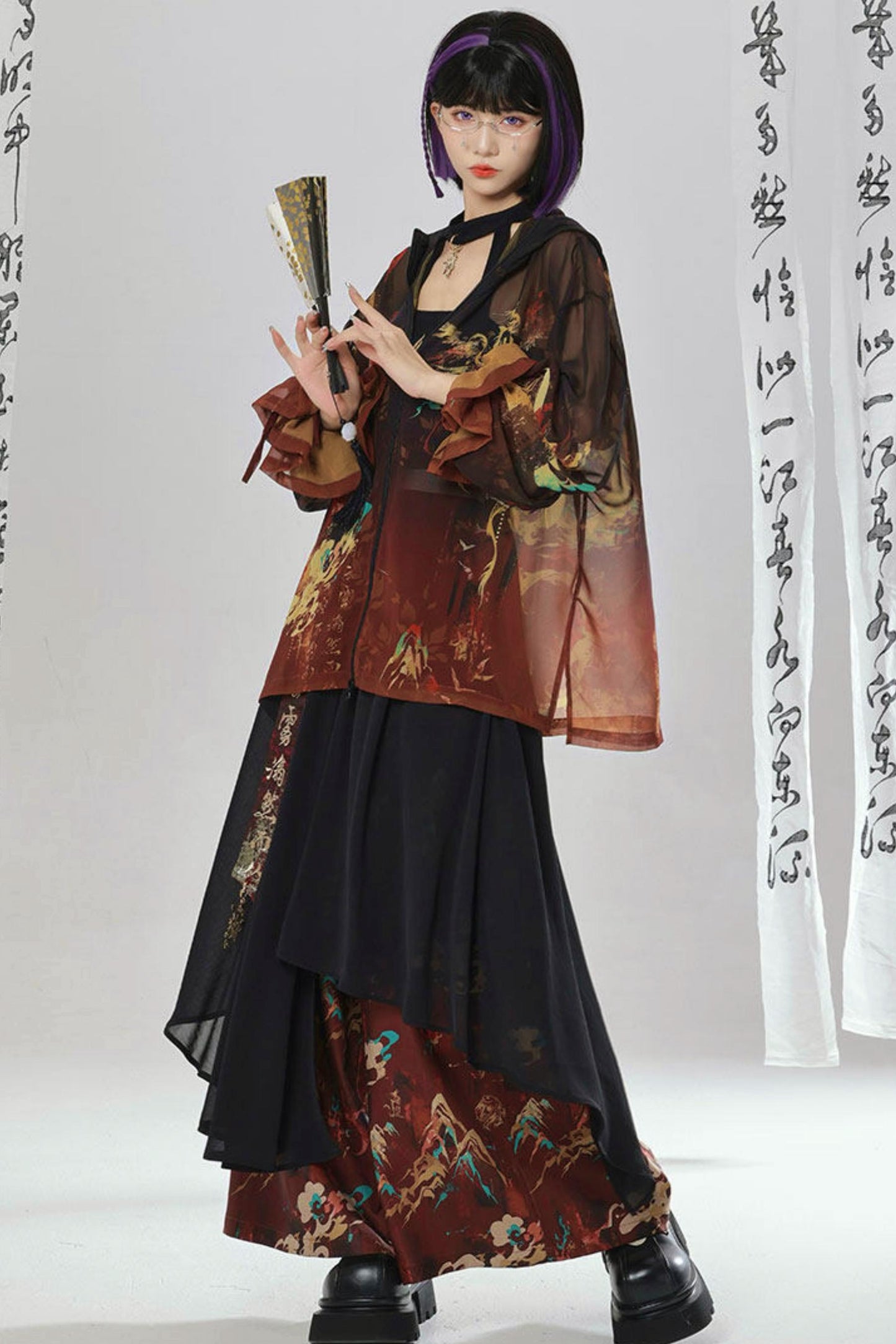 Gold Dragon Embroidered Choker Top (with Cups) + Chinese-Style Wide-Leg Pants