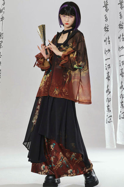 Gold Dragon Embroidered Choker Top (with Cups) + Chinese-Style Wide-Leg Pants
