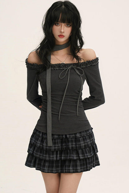 オフショルダーフリルリボントップス（スキニーロングスカーフ付き）