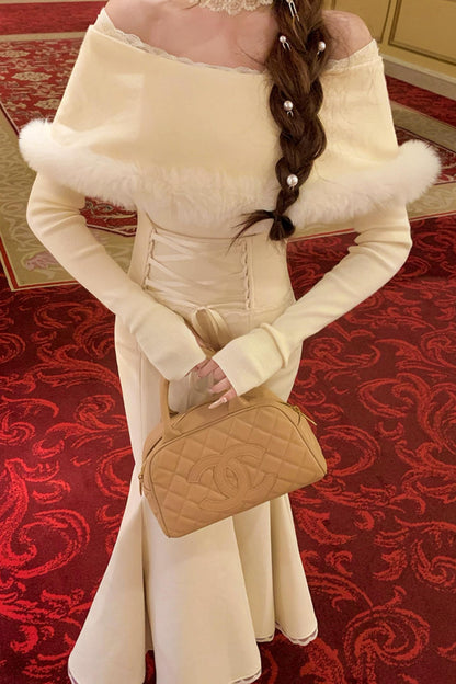 Elegant off-the-shoulder knit + mermaid skirt