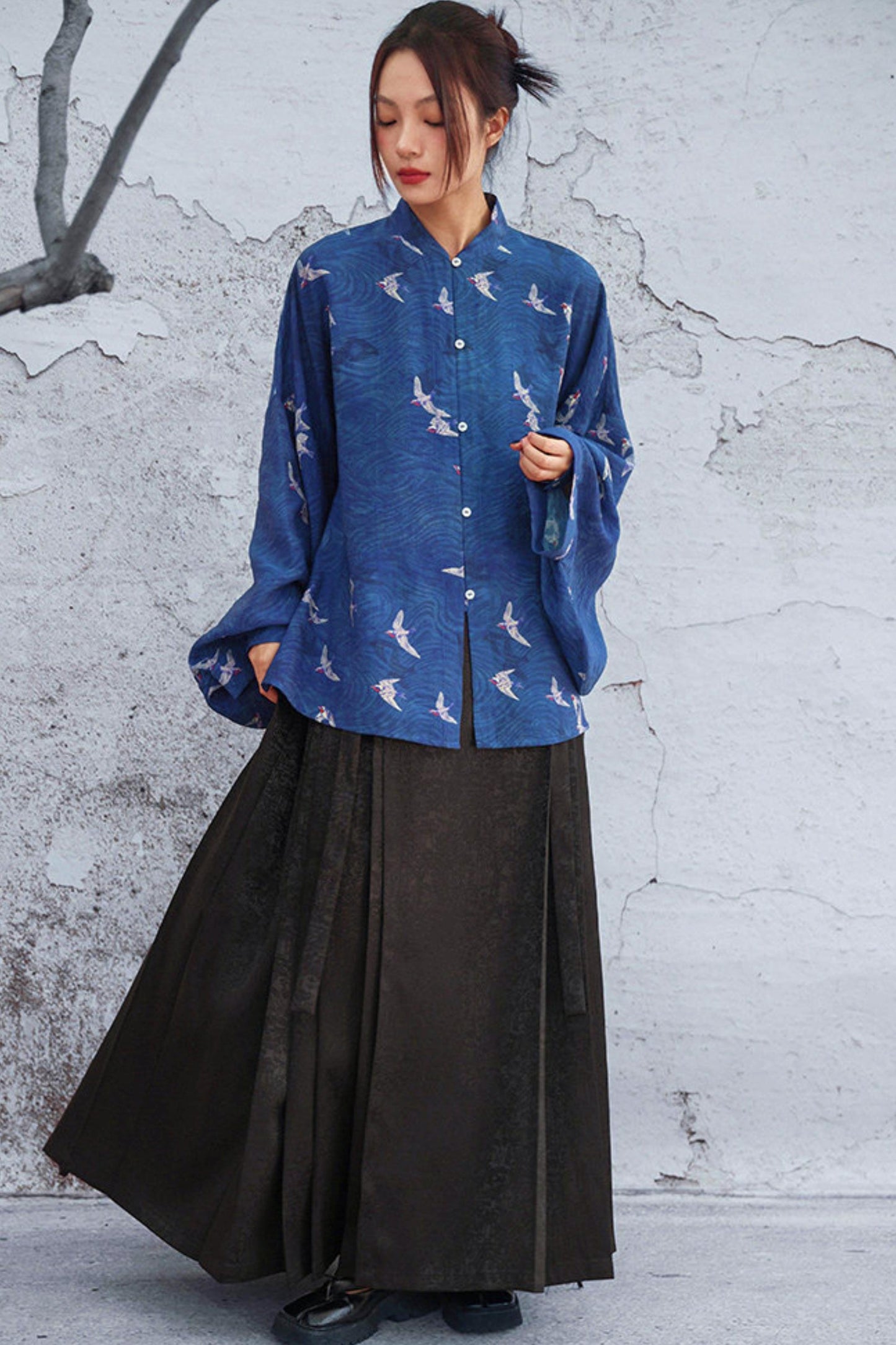 Dark Blue Retro Bird Pattern Stand Collar Shirt
