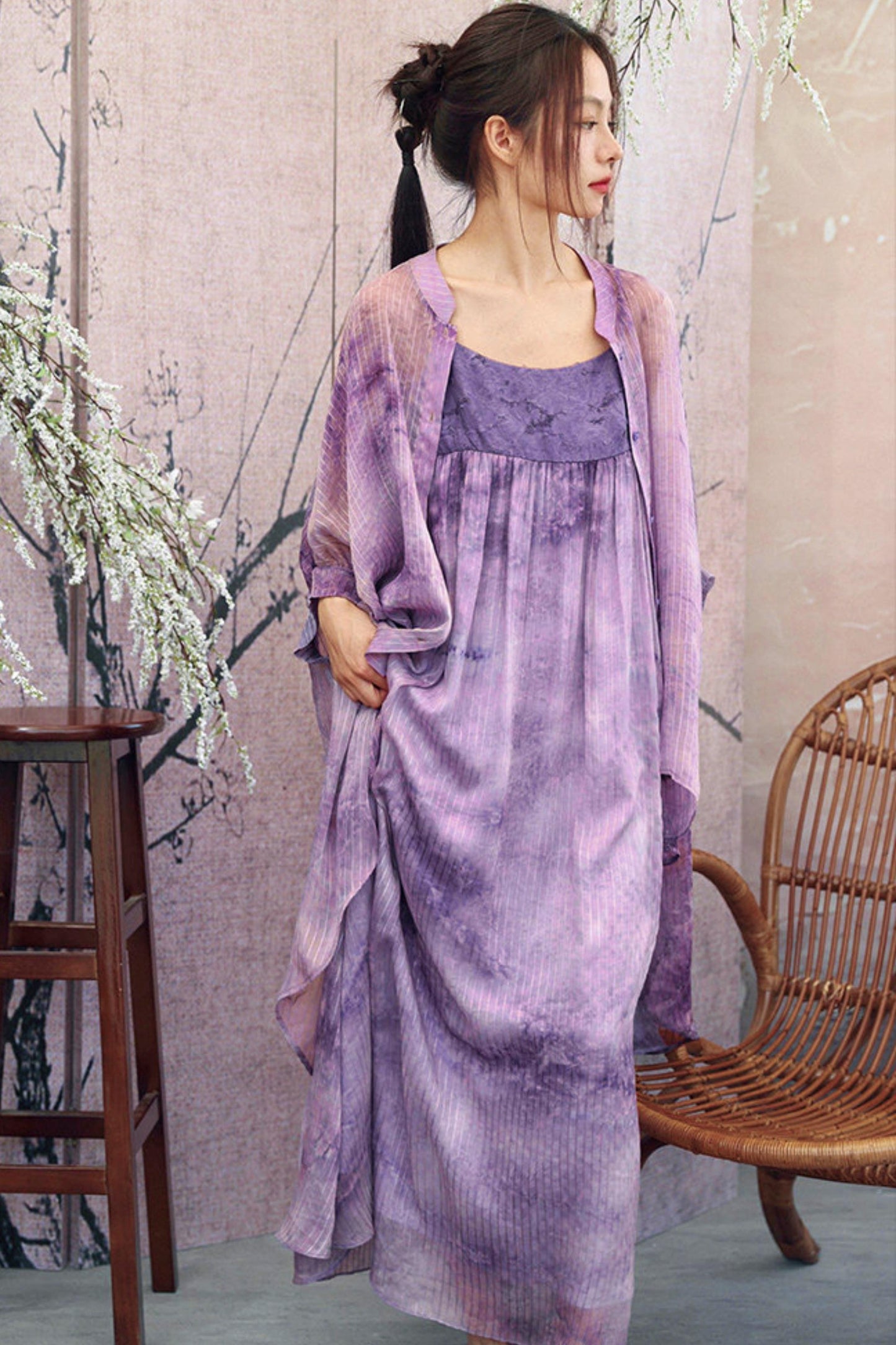 Lila Farbverlauf-Strickjacke mit transparentem Rücken und langem Chiffonhemd-Design