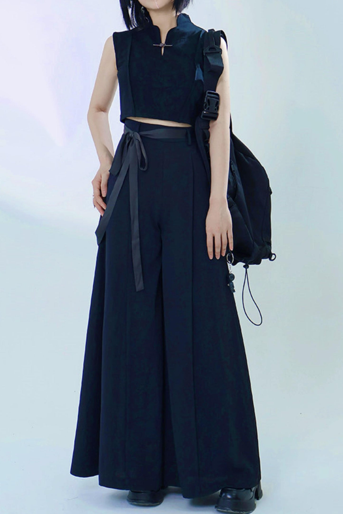 [Pre-order] Black/Beige/Gray Cyber Chinese-Style Wide-Leg Pants