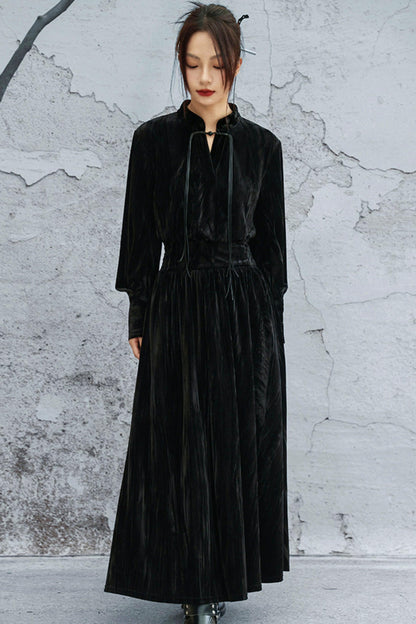 スタンドカラーべルベットドレス