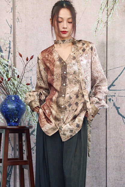 Retro Art Print Satin Choker Blouse