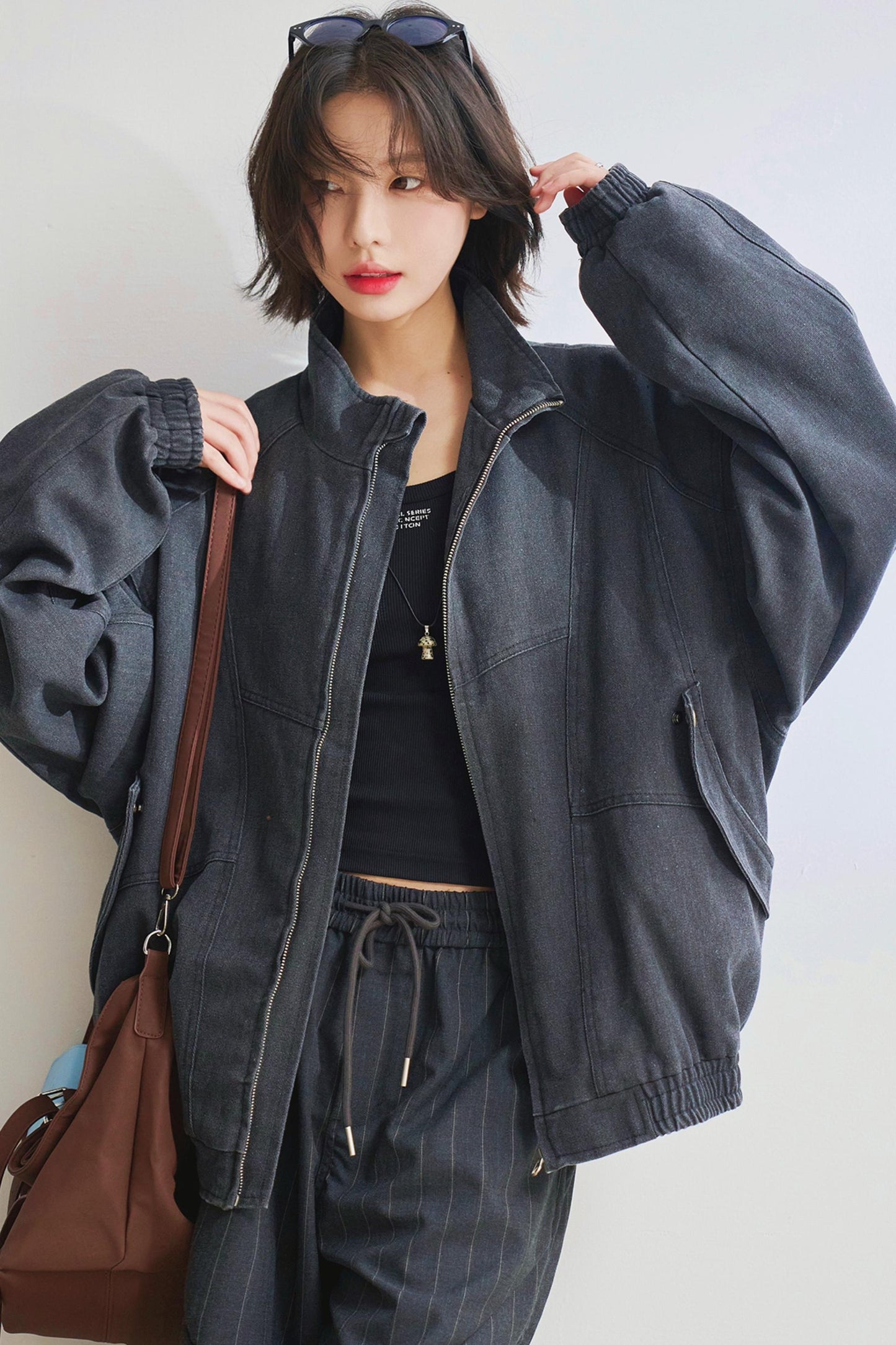 Relaxed fit denim stand up jacket