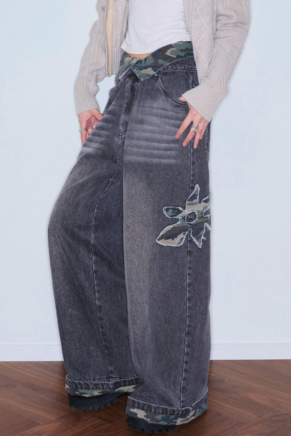 Camouflage Patchwork Embroidered Jeans