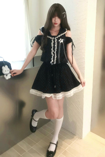 Vestido de hombros descubiertos con estrellas negras + top