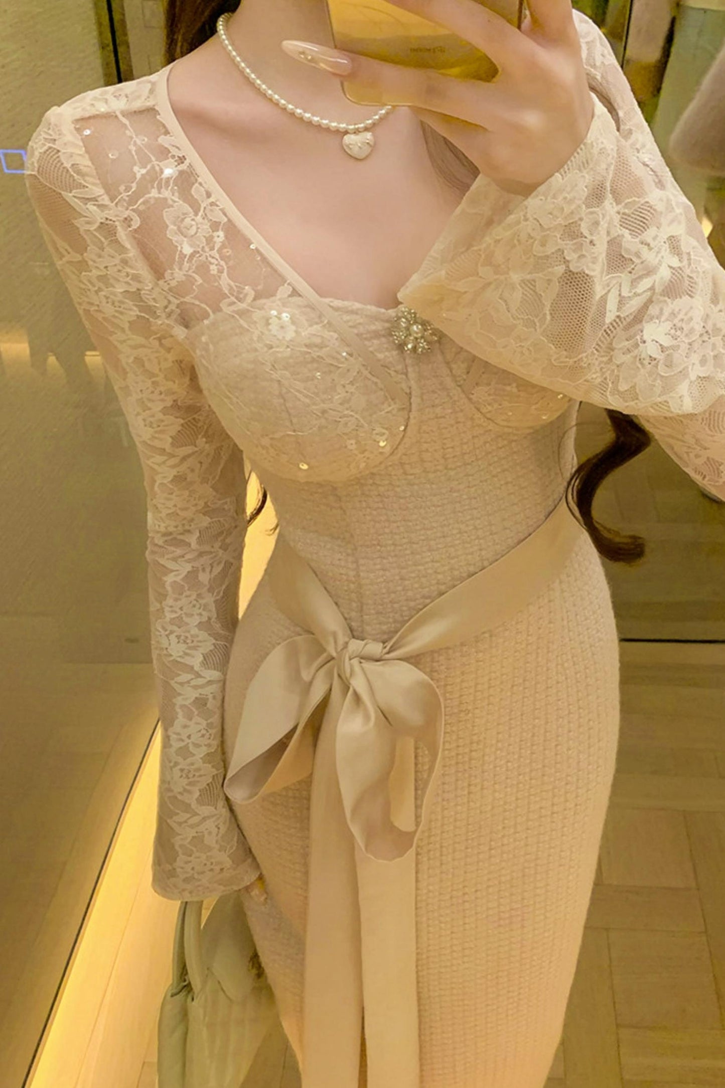 Lace Waist Slim Fit Dress + Fur Coat