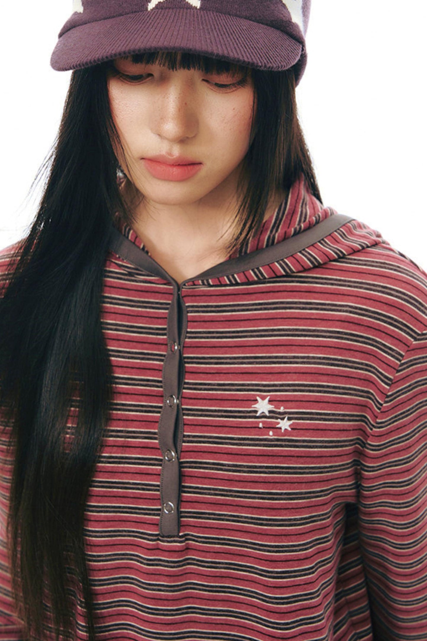 ストライプドフーデッドニットトップス