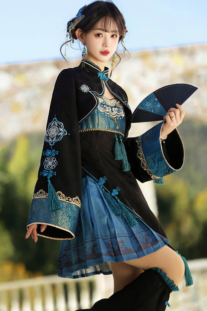 Cyberpunk Chinese-Style Lolita Top + Strapped Dress + Skirt + Leg Covers