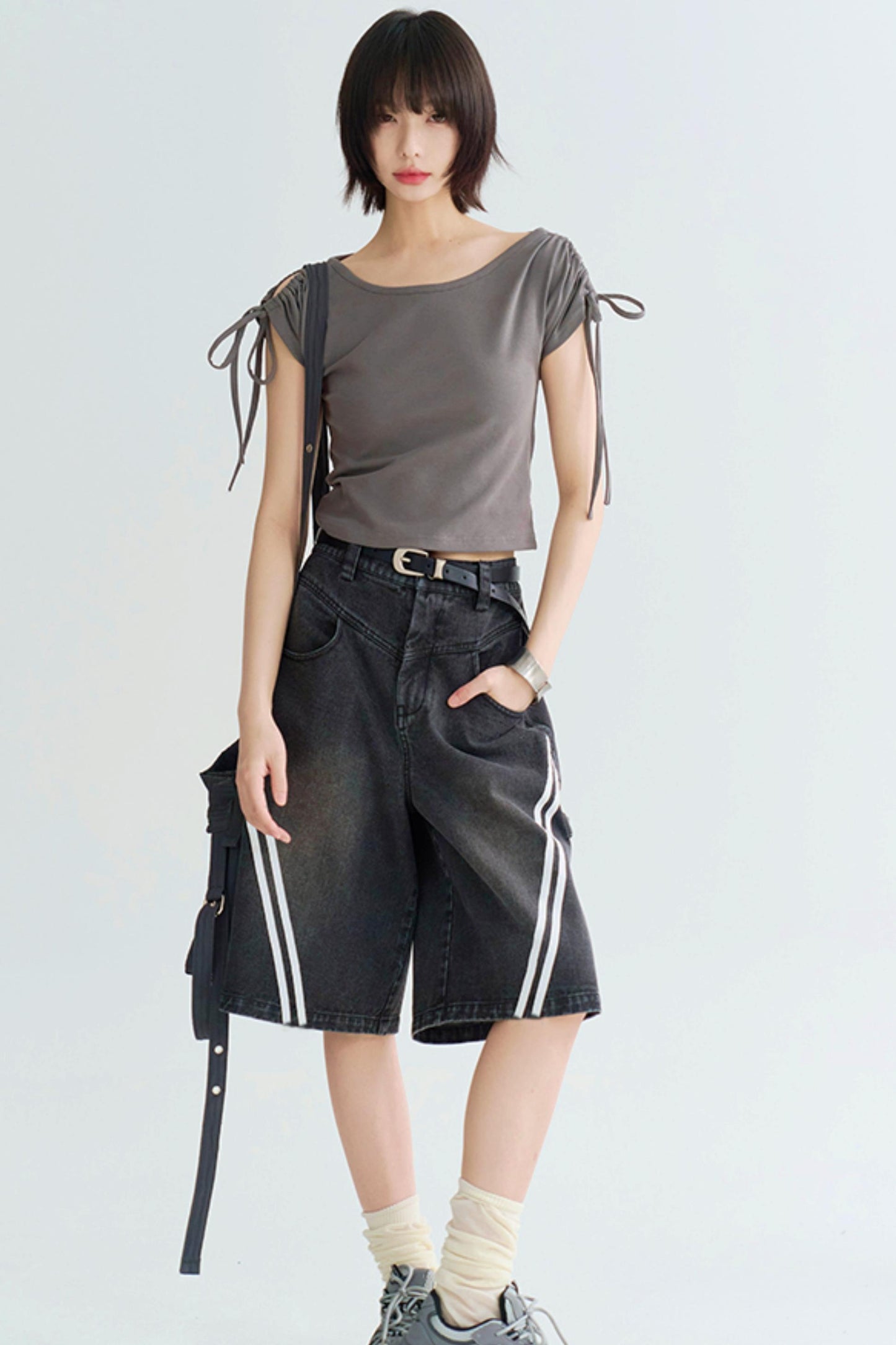 ストライプコントラストクロップドジーンズ