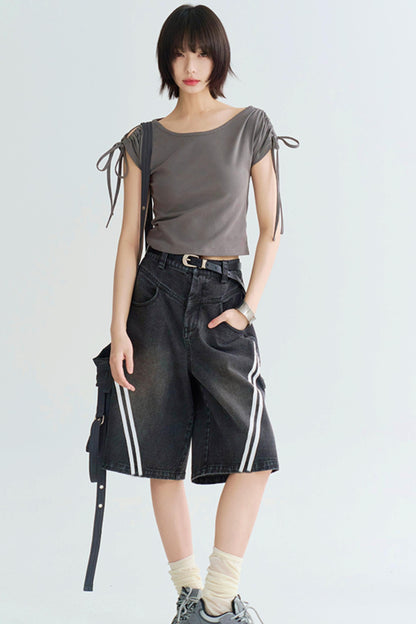 ストライプコントラストクロップドジーンズ