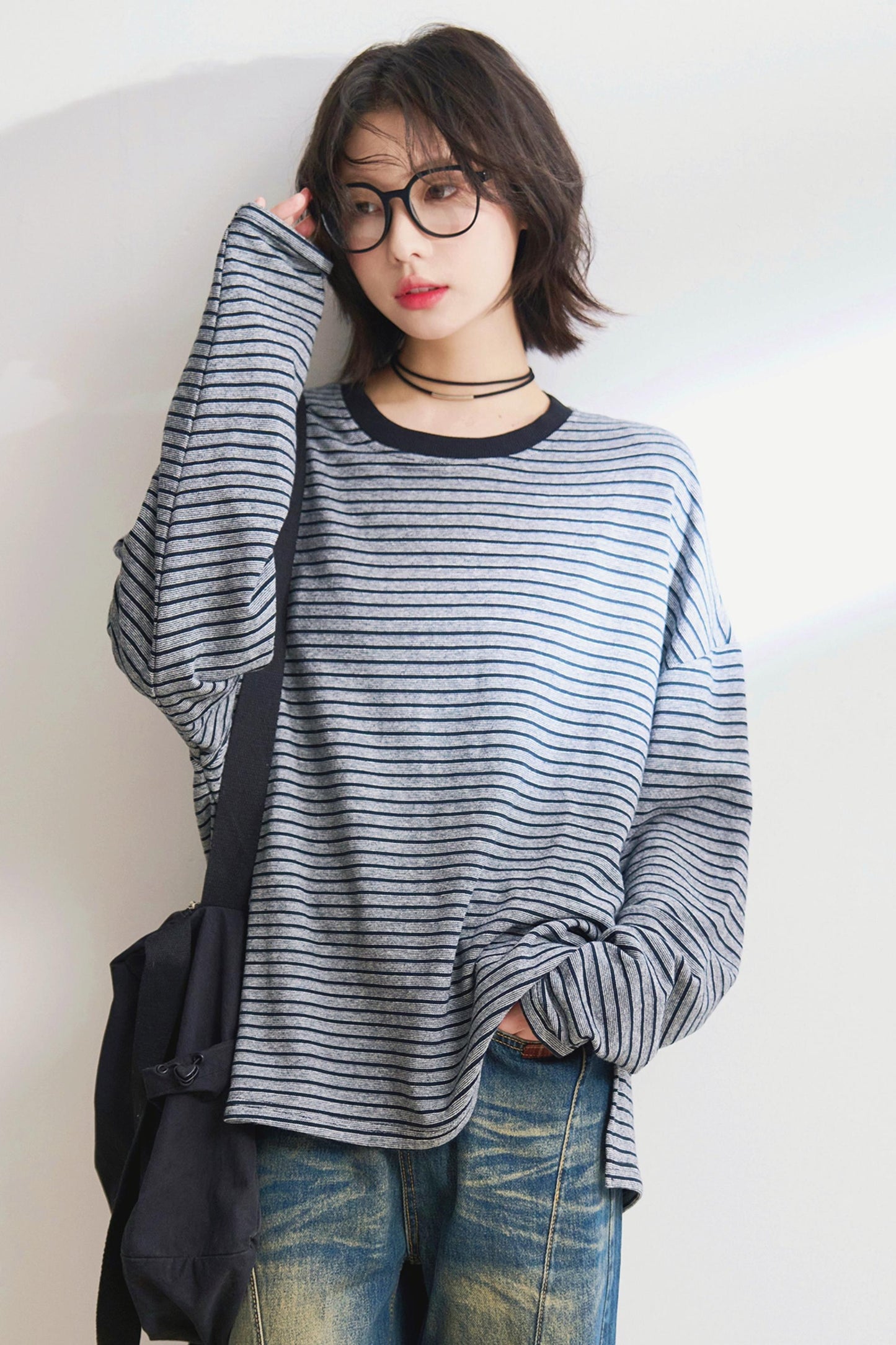 リラックスストライプクルーネックTシャツ