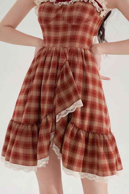 Sweet Red Plaid Lace Dress