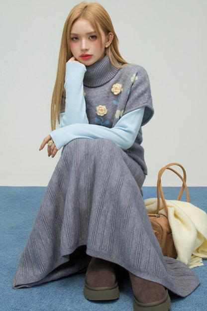 フローラルニットトップス+インナートップス+スカート