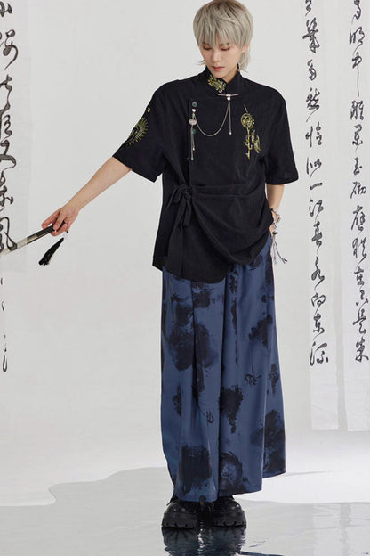 Black and Gold Oriental Ribbon Shirt + Chinese Wide-Leg Pants