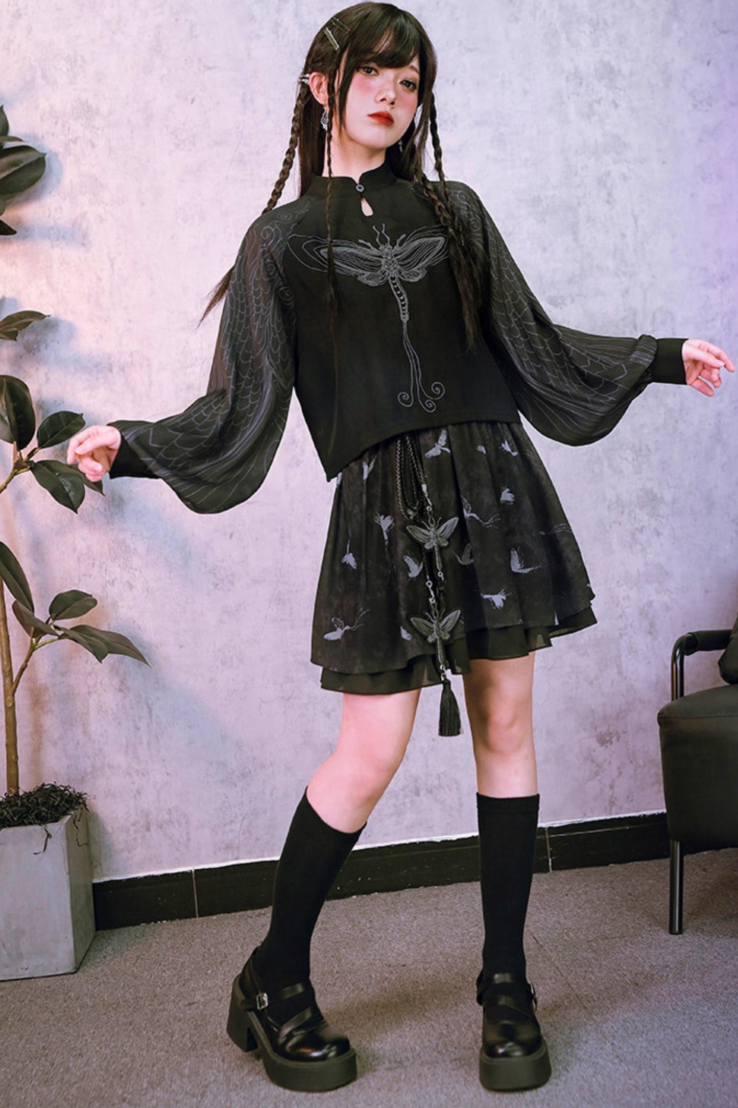 Embroidered Lantern Sleeve Top and Skirt + Top