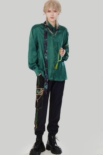 Jade Moon Dragon Embroidered Chinese Shirt + Moon Pocket Pants