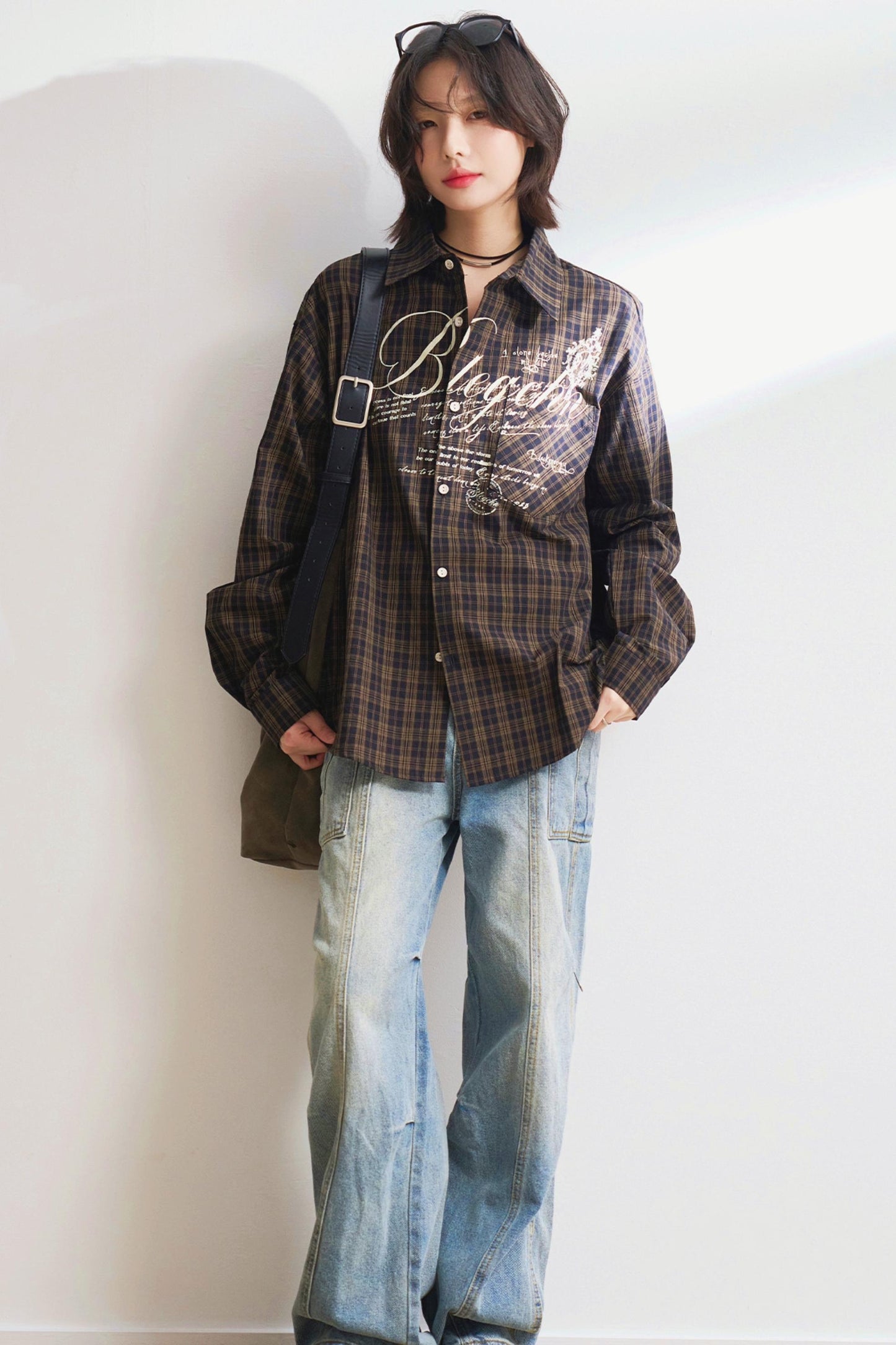 Oversized letter-print check shirt