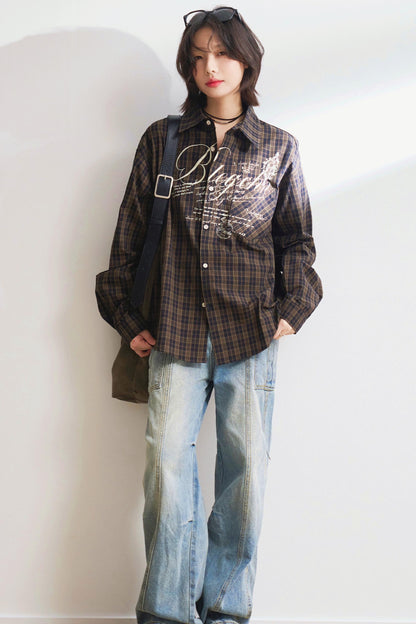 Oversized letter-print check shirt